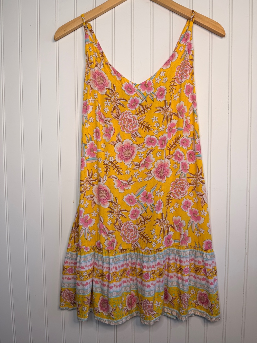 L Hawaii Yellow Boho Floral Border Print Sundress S/M